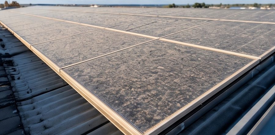 Verschmutzte PV-Anlage mit Staub und Flechten auf den Solarmodulen vor der Reinigung