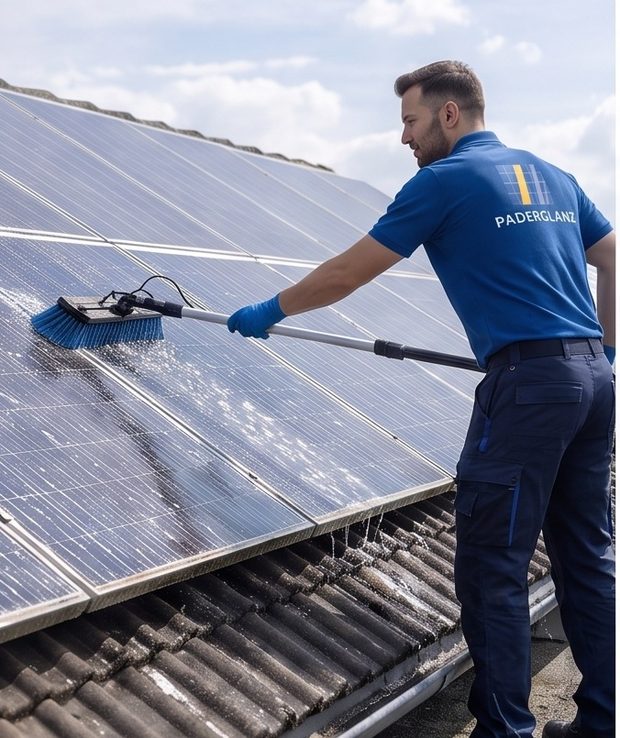 Solarmodul Reinigung mit weicher Bürste und entmineralisiertem Wasser statt Chemie